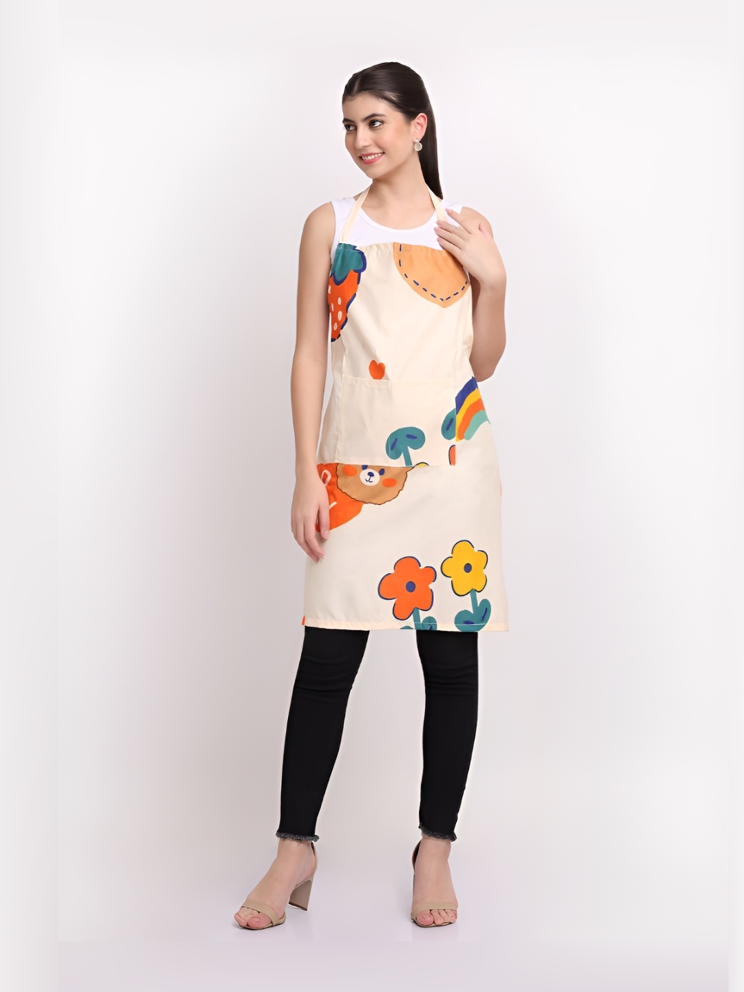 

Arrabi Cream Coloured & Orange Coloured Printed Cotton Aprons With 2 Patch Pockets