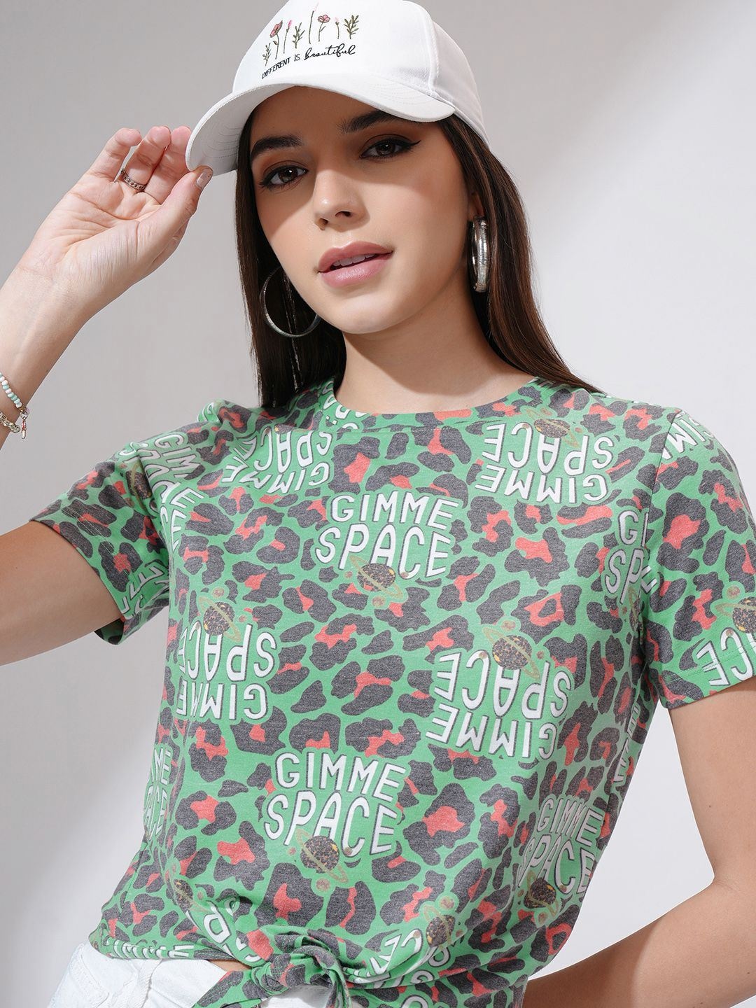 

Tokyo Talkies Women Animal Skin Printed Front Tie Up T-shirt, Green