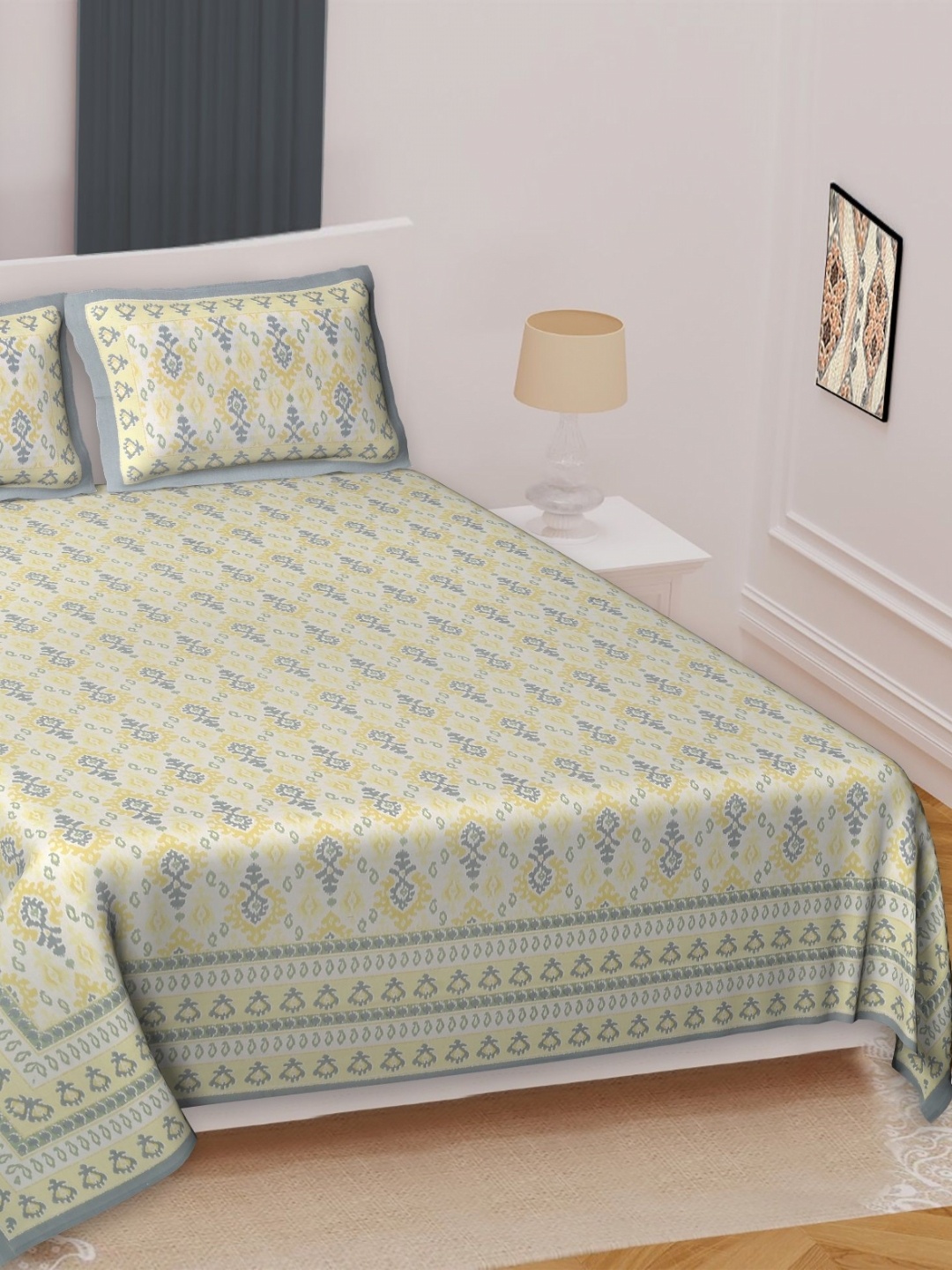 

Texstylers Yellow & Grey Ethnic Motifs Cotton 220 TC Double King Bedsheet Set-2.74mx2.74 m