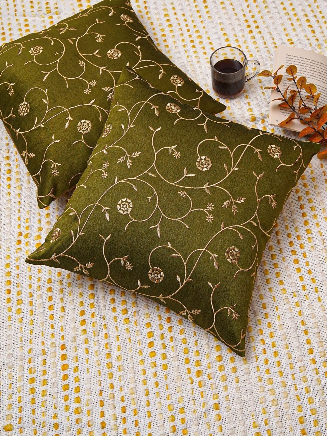 

Ratan Cart Green & Yellow 2 Pieces Floral Embroidered Cotton Square Cushion Covers