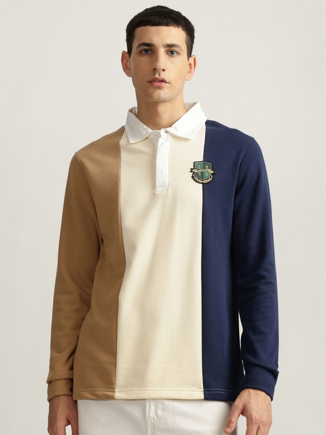 

Iconic Men Pure Cotton Colourblocked Polo Collar T-shirt, White
