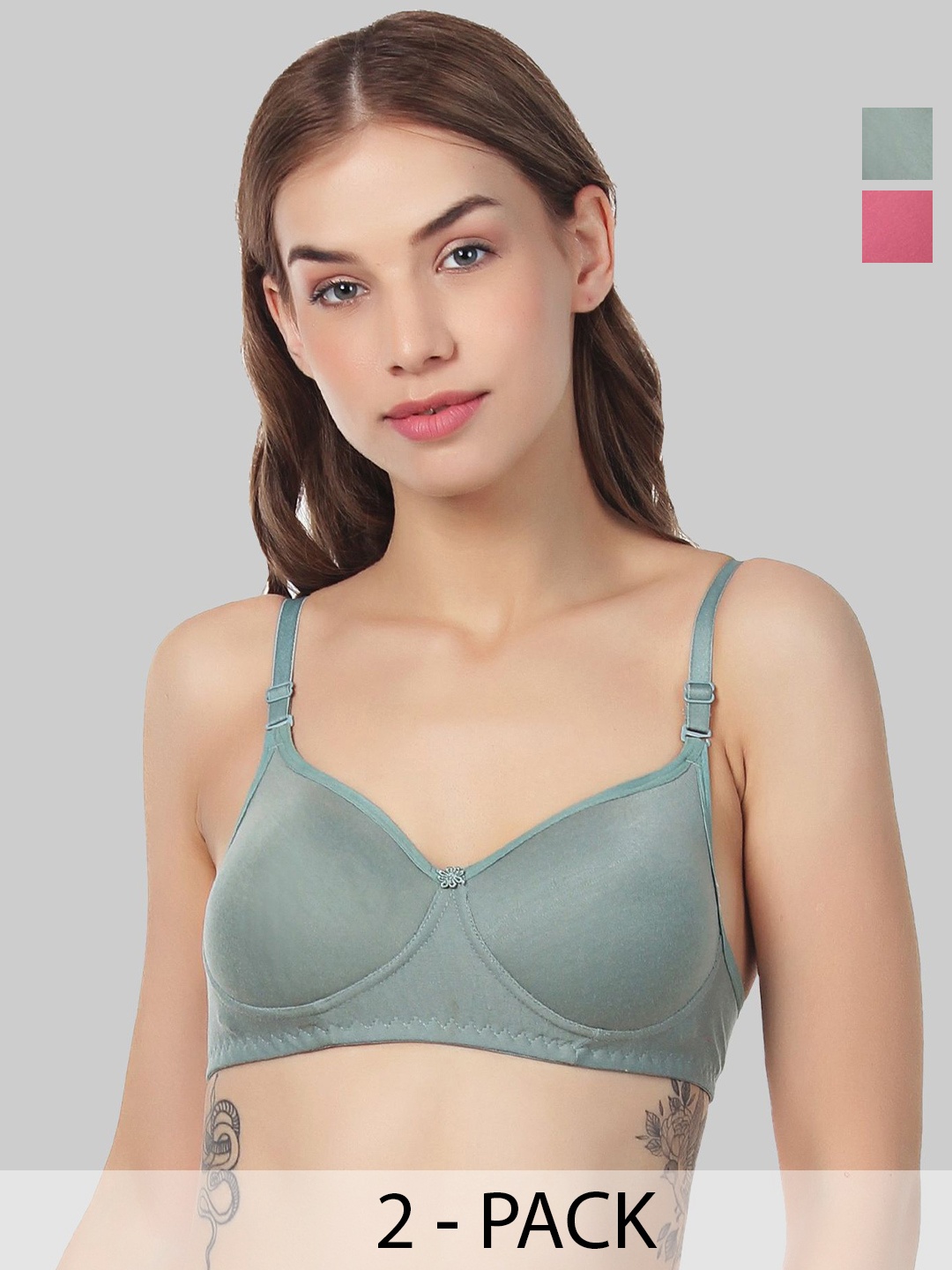 

Designer Bugs Women Pack of 2 Cotton Non Padded Full Coverage Bra, Olive