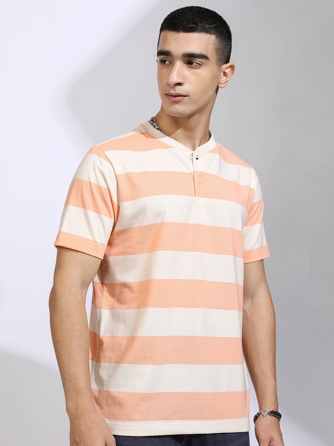 

HIGHLANDER Striped Henley Neck Relaxed Fit T-shirt, White