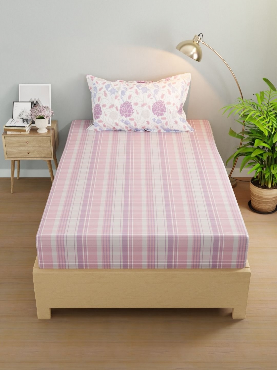 

KOPA Rivera Pink & White Checked Microfiber 200 TC Single Bedsheet Set 1.50 m X 2.24 m