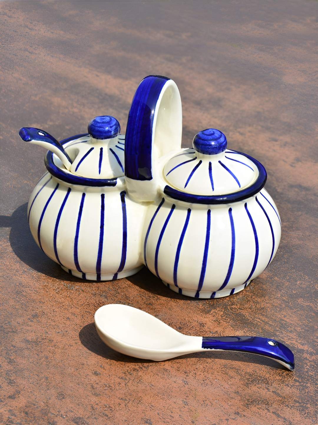 

StyleMyWay Hand-Painted Rounded Ceramic Pickle Jar Set with Spoon, Blue