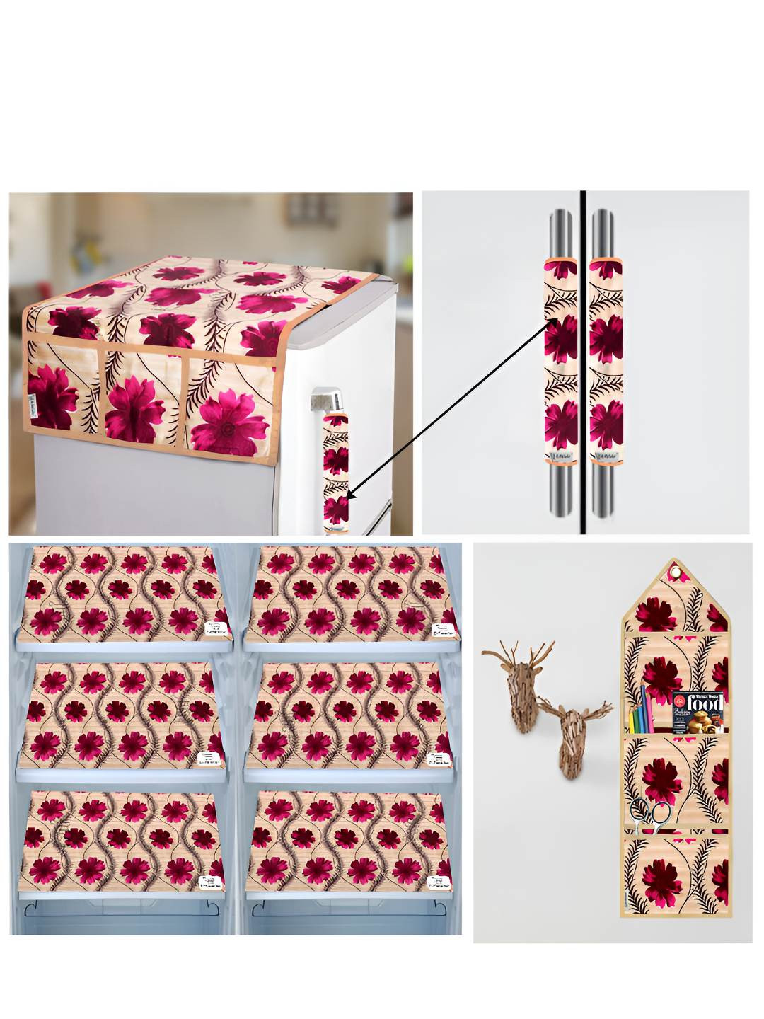 

E-Retailer Red & Beige 10 Pieces Floral Printed Refrigerator Covers With Storage Organiser