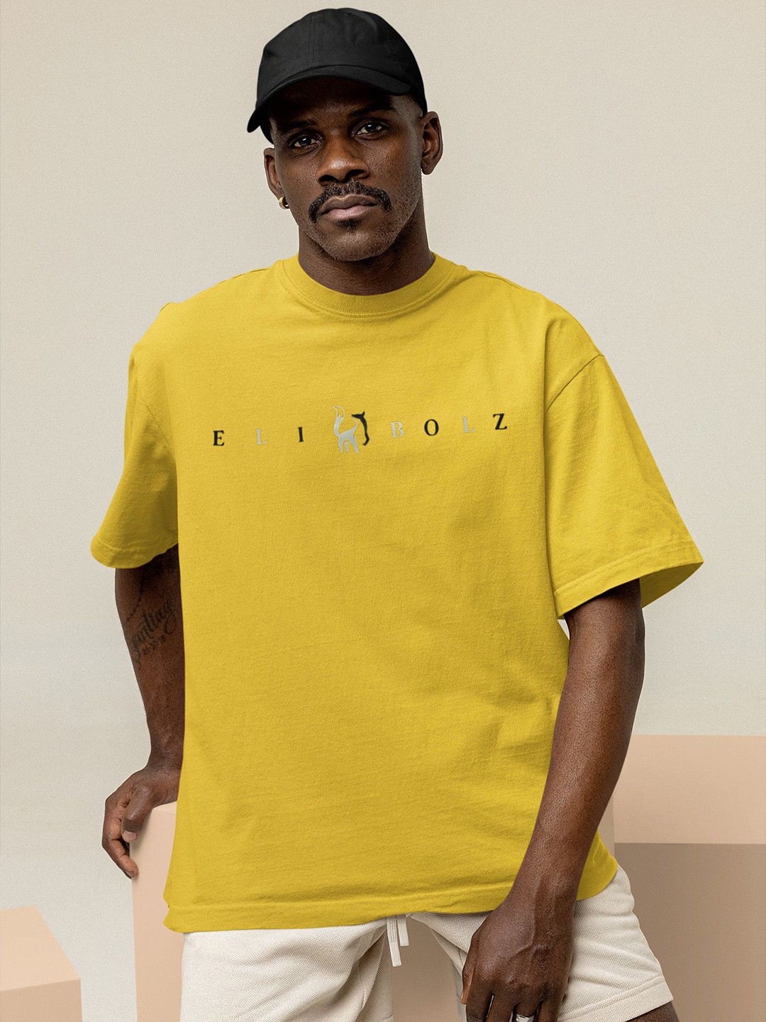 

Elibolz Men Drop-Shoulder Sleeves Bio-Finish Oversized T-shirt, Yellow