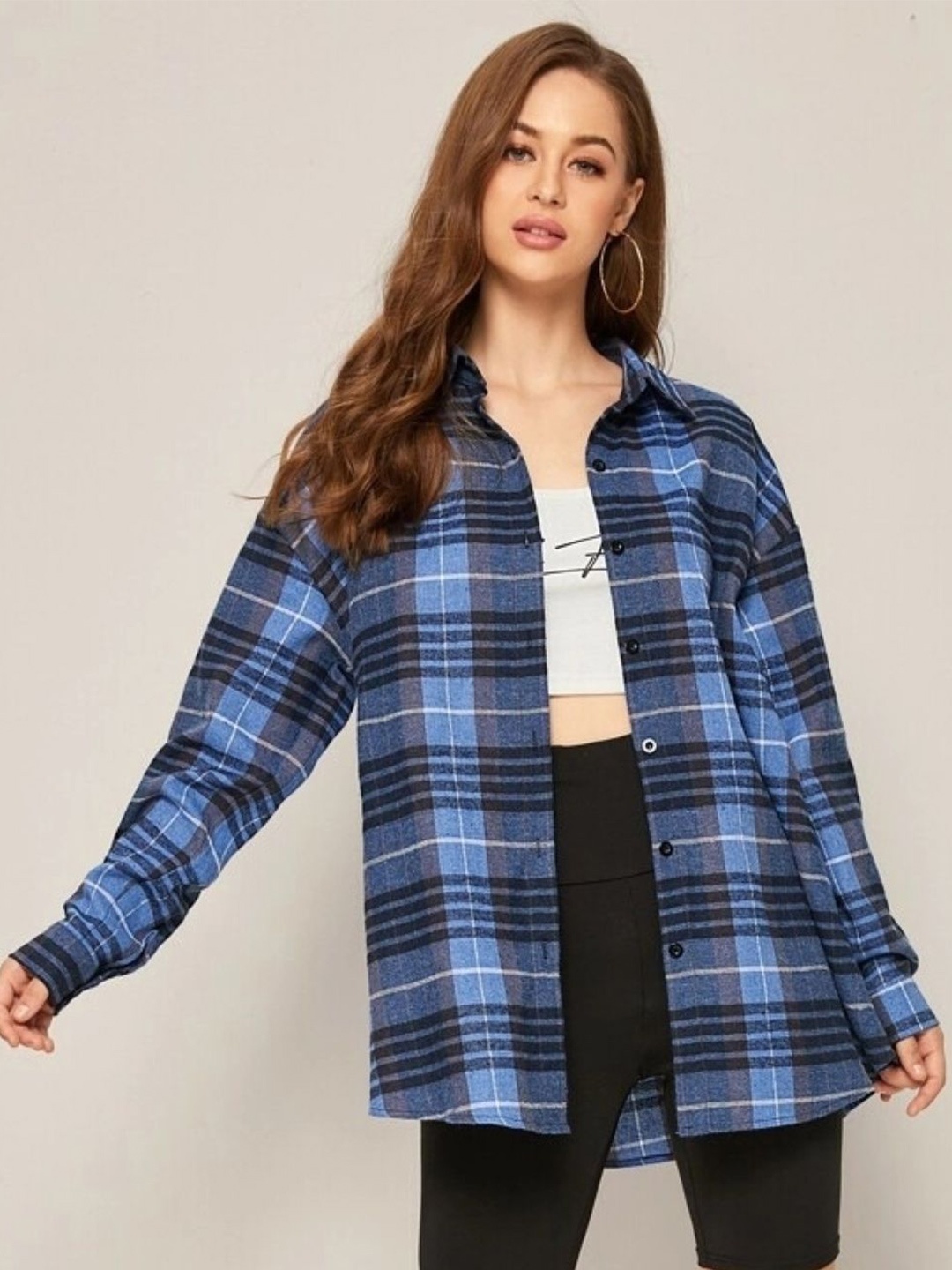 

HERE&NOW Women Original Tartan Checks Opaque Checked Casual Shirt, Navy blue