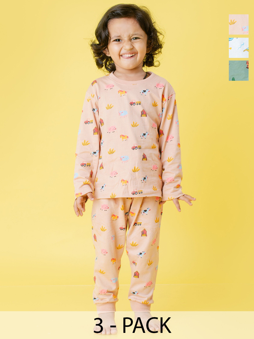 

Orange Sugar Unisex Kids Pack of 3 Printed Pure Cotton T-shirt with Pyjamas, Green