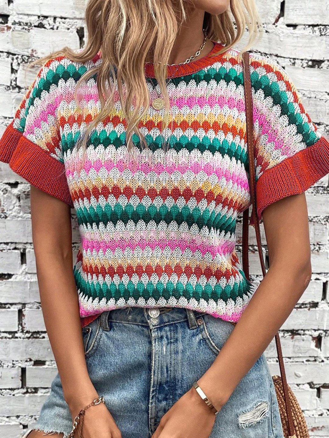 

HERE&NOW Women Cable Knit Round Neck Short Sleeves Pullover Sweaters, Pink
