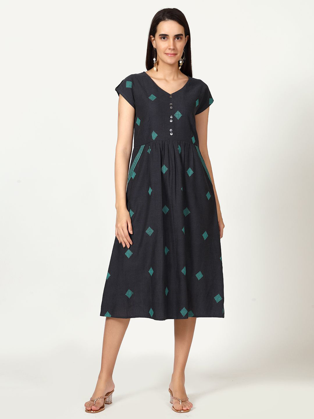 

Saffron Threads Women Geometric Embroidered Pure Cotton V-neck Fit & Flared Midi Dress, Navy blue