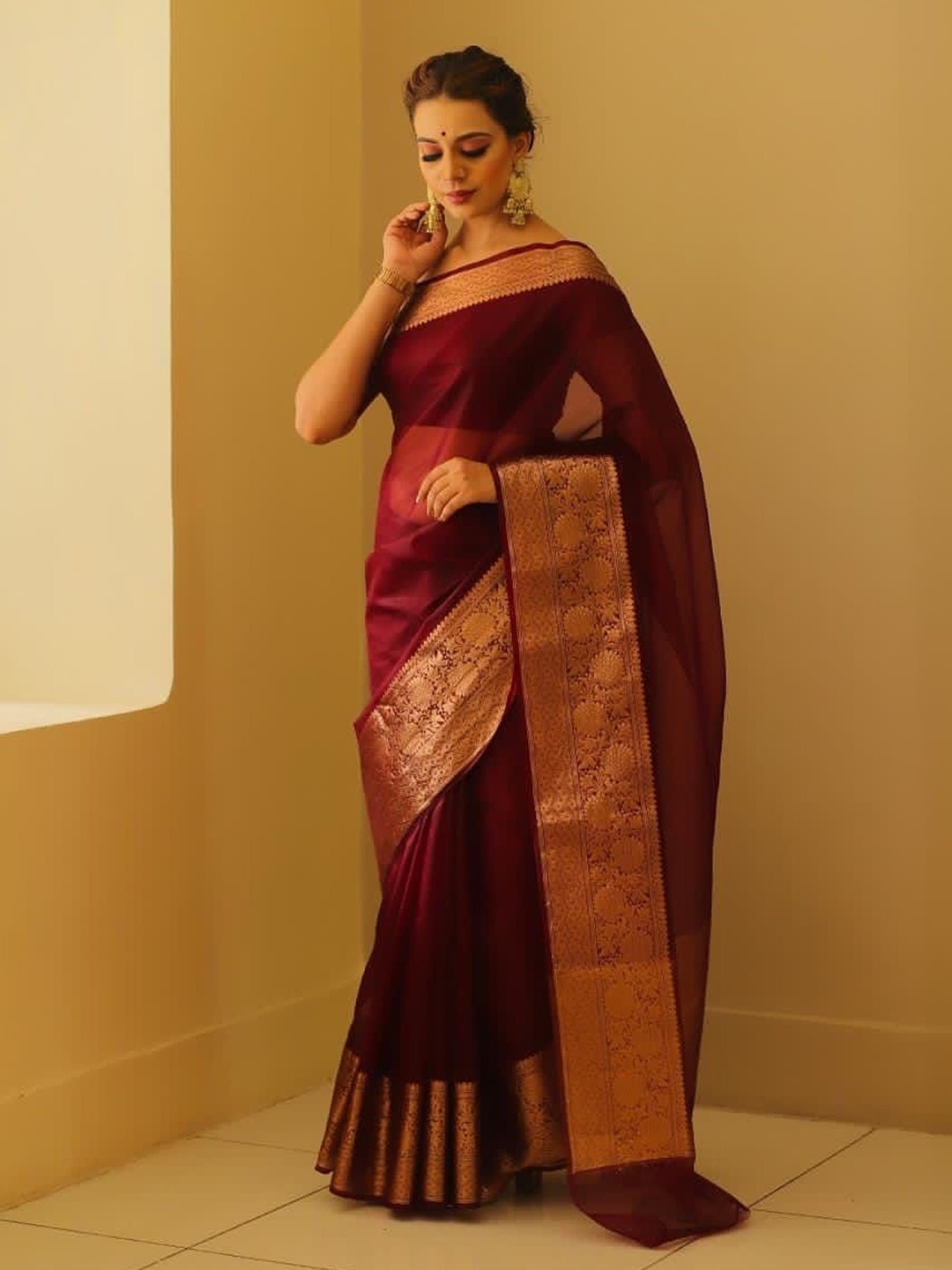 

V3 FASHION STUDIO Zari Organza Kanjeevaram Saree, Red