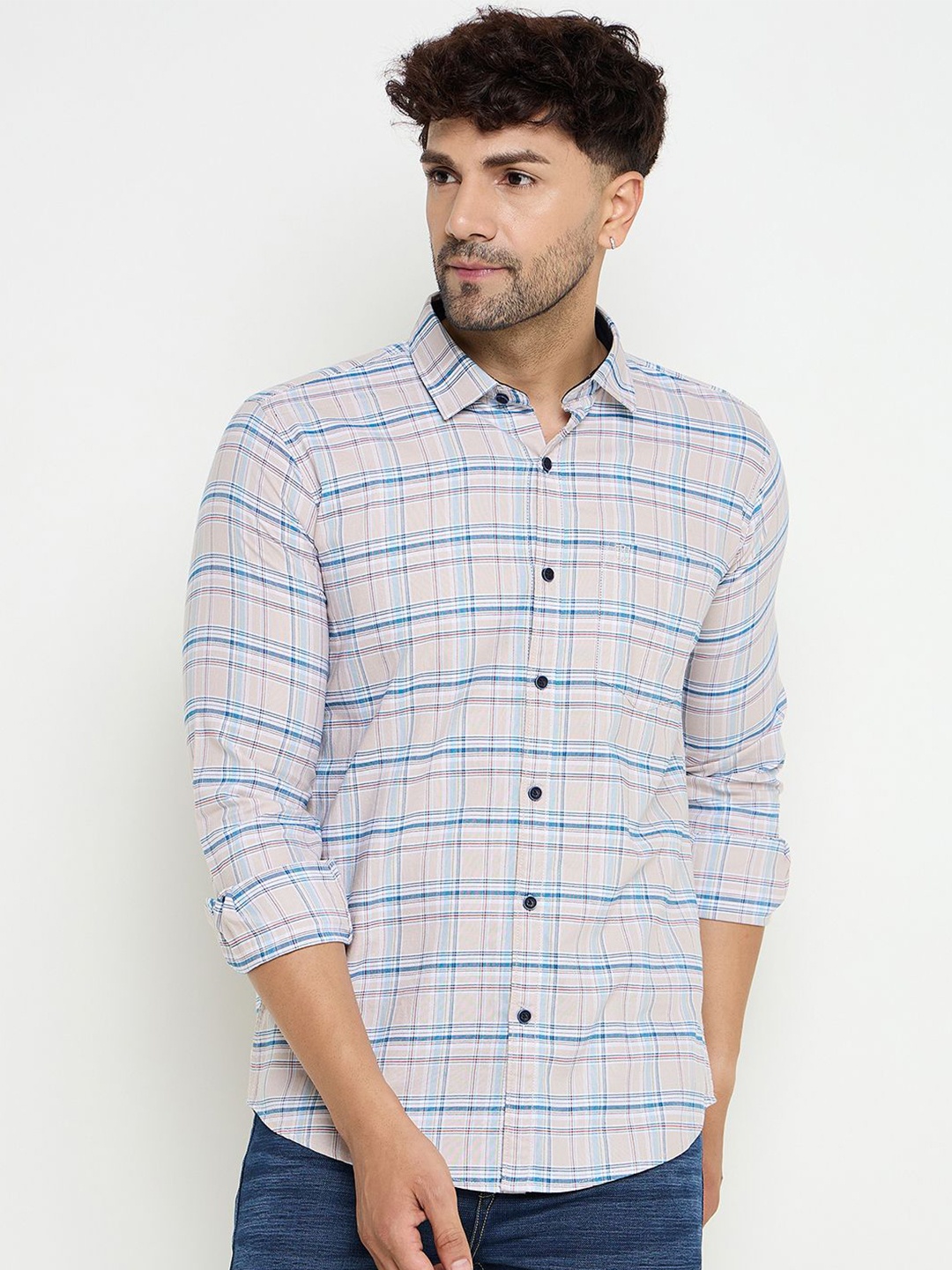 

Duke Men Slim Fit Opaque Checked Casual Shirt, Beige