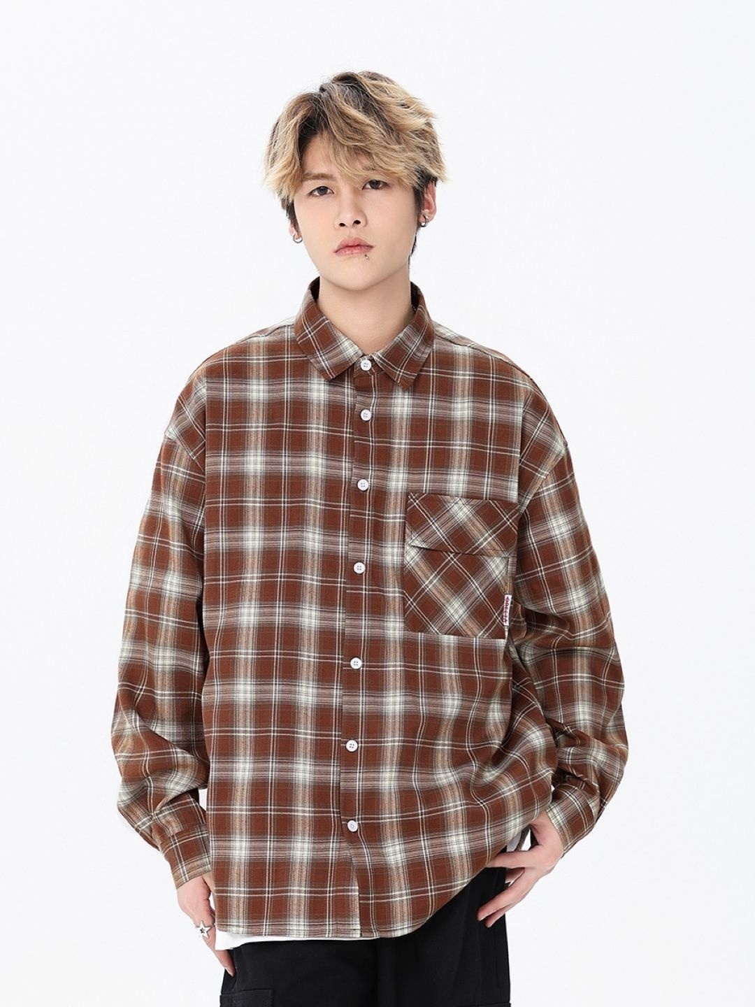 

KPOP Men Comfort Tartan Checks Opaque Checked Casual Shirt, Brown