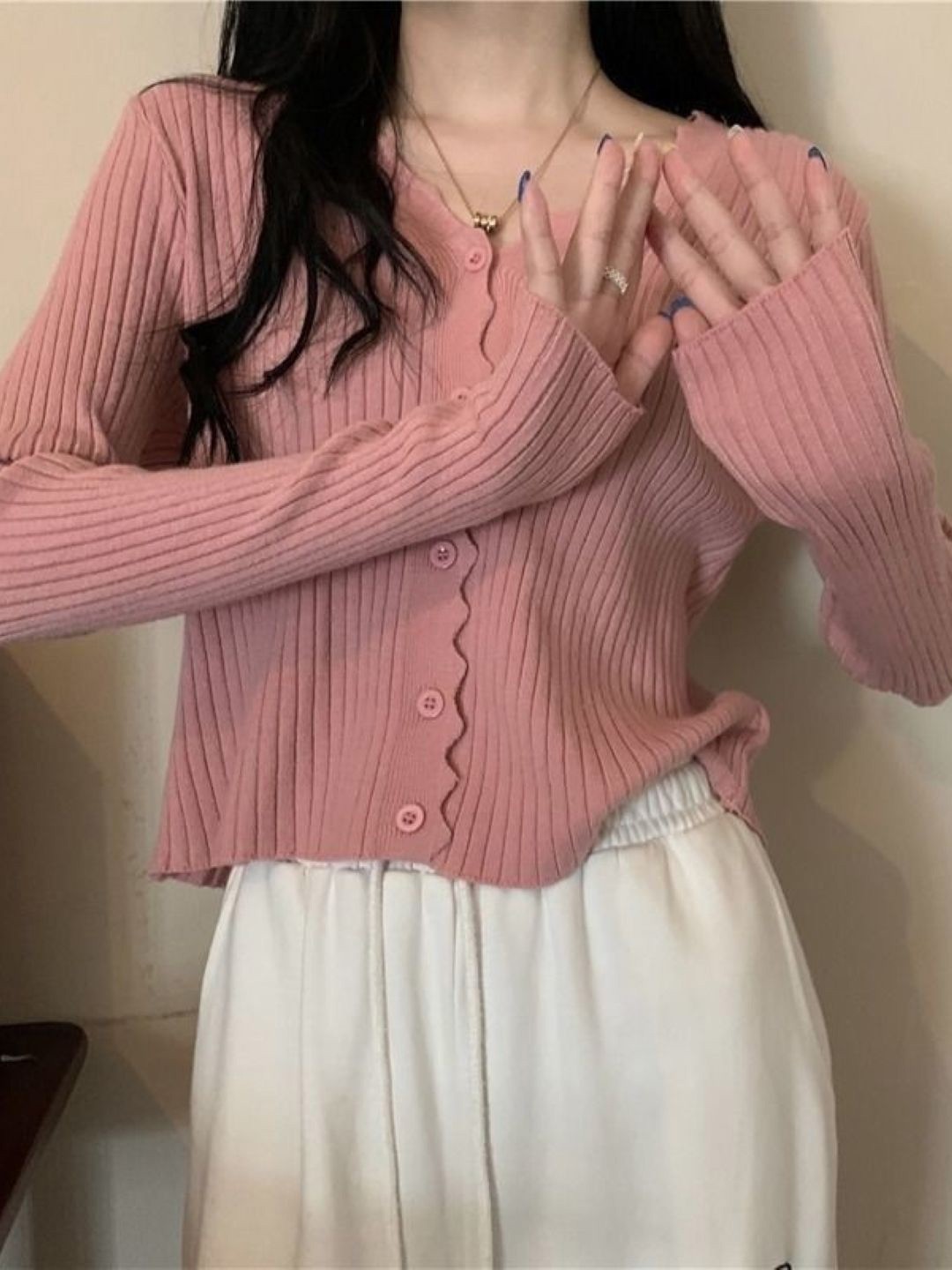 

HERE&NOW Women V-Neck Long Sleeves Cardigan, Pink