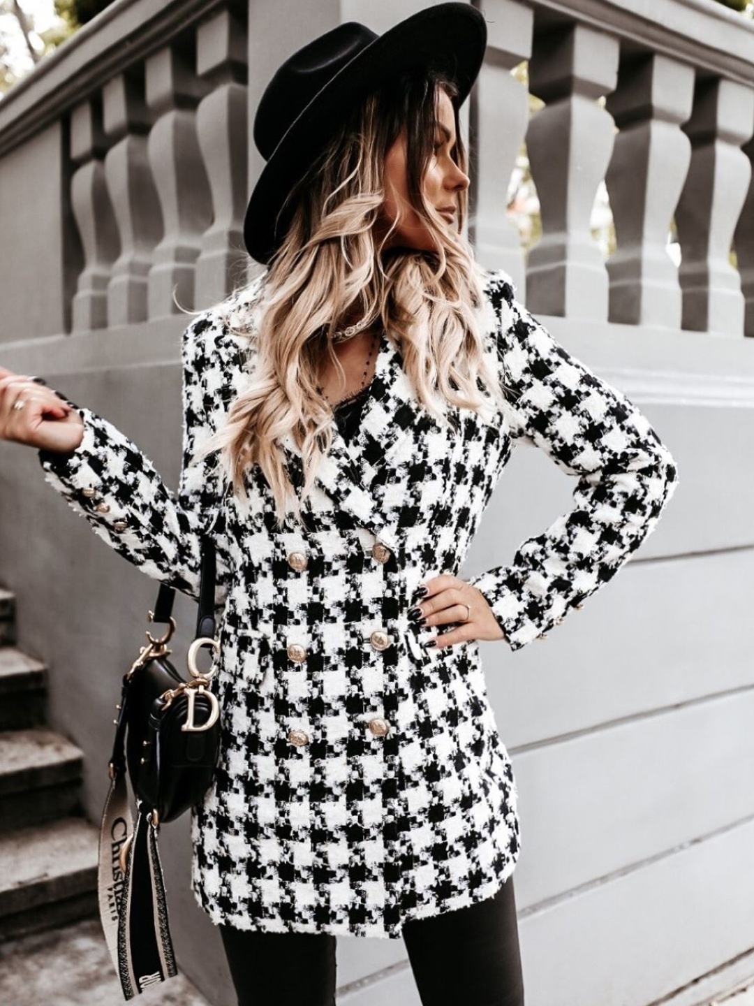

HERE&NOW Women Checked Open Front Jacket, Black