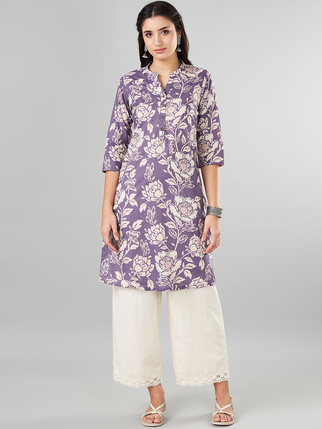 

RANGMANCH BY PANTALOONS Floral Printed Mandarin Collar Pure Cotton Straight Kurta, Purple