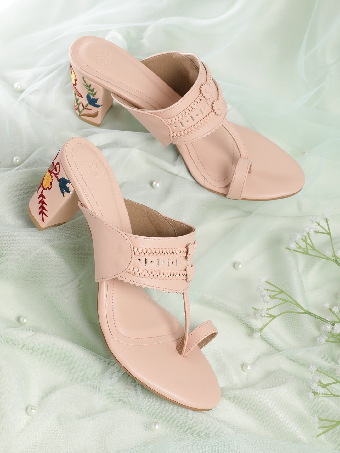 

House of Pataudi Woven Design Block Heels, Beige