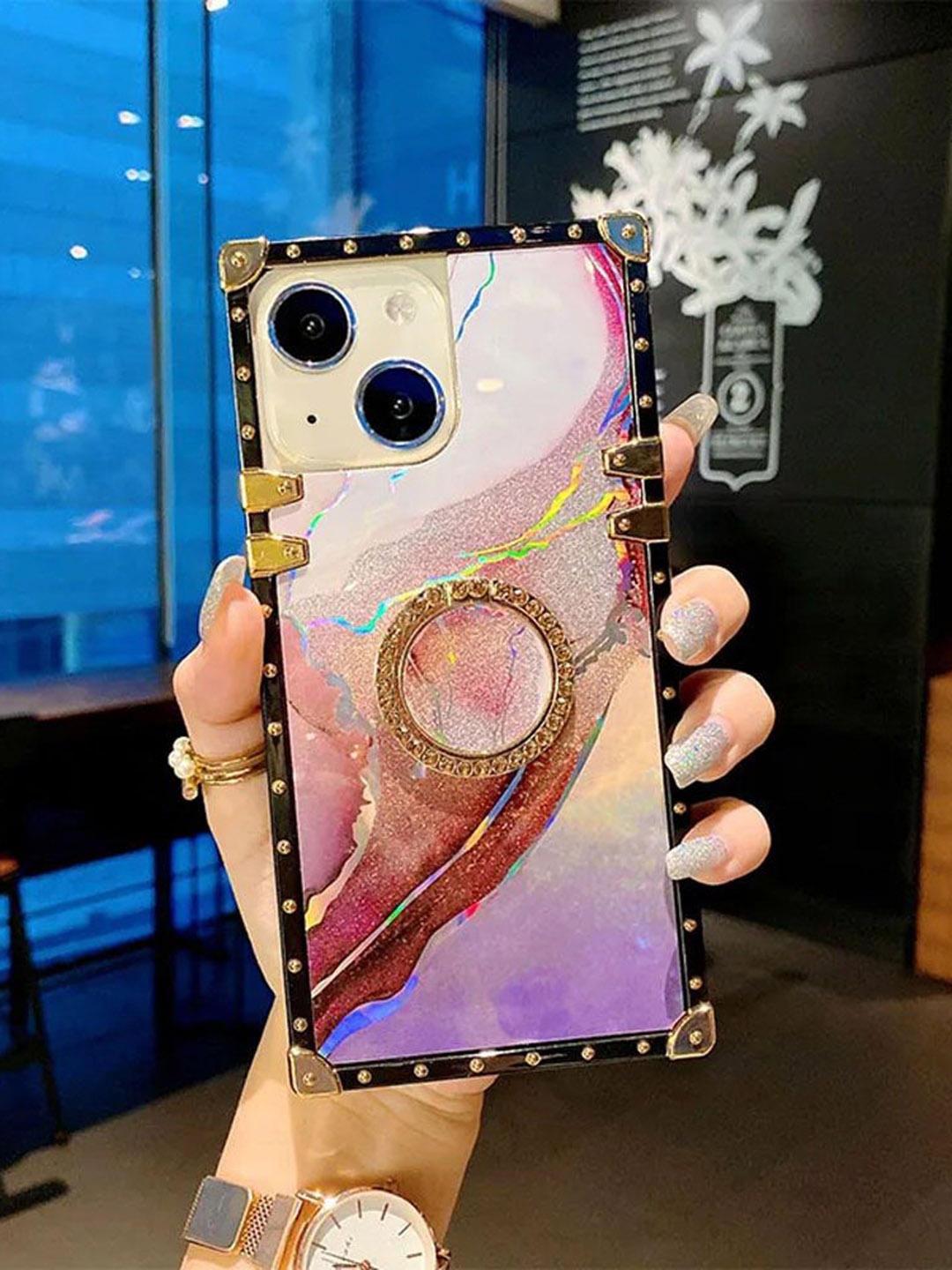 

Luxury Kase Geometric Printed iPhone 14 Back Case Mobile Accessories, Purple