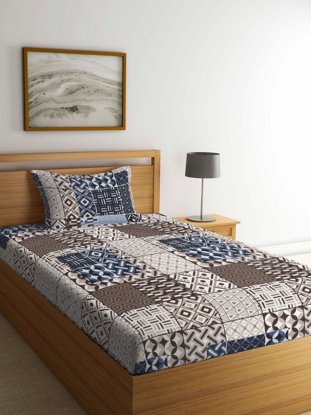 

Aura Brown & Blue Geometric Printed Flat 300TC Single Bedsheet With Pillow Cover