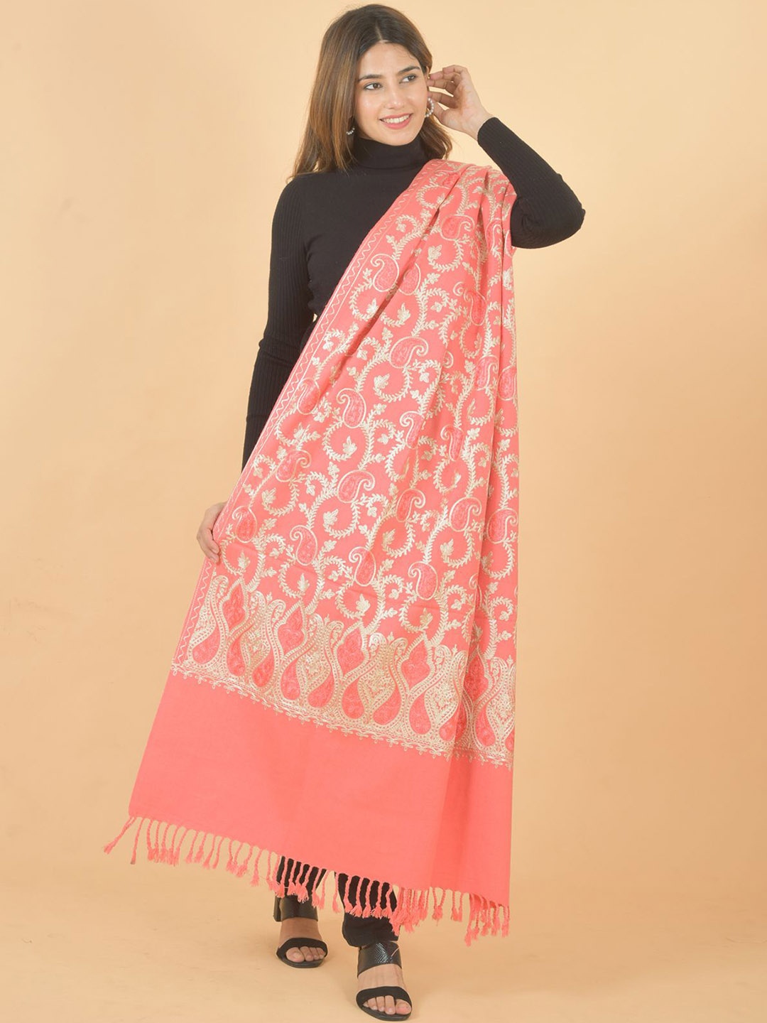 

BAISA Paisley Embroidered Woollen Shawl, Peach