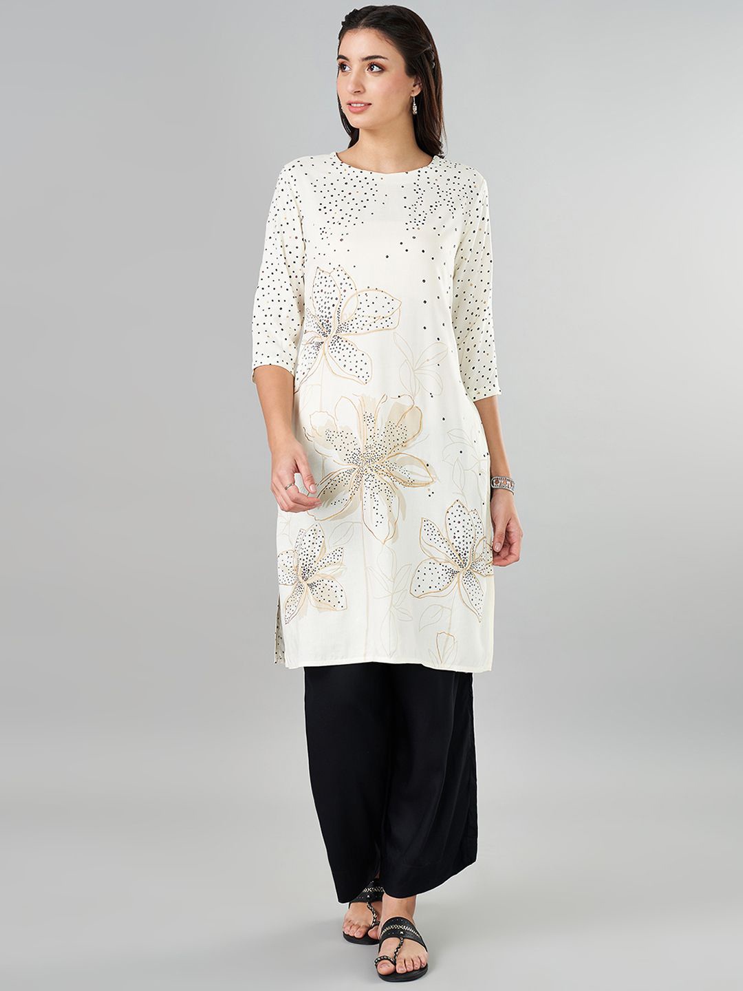 

RANGMANCH BY PANTALOONS Geometric Printed Straight Kurta, Off white