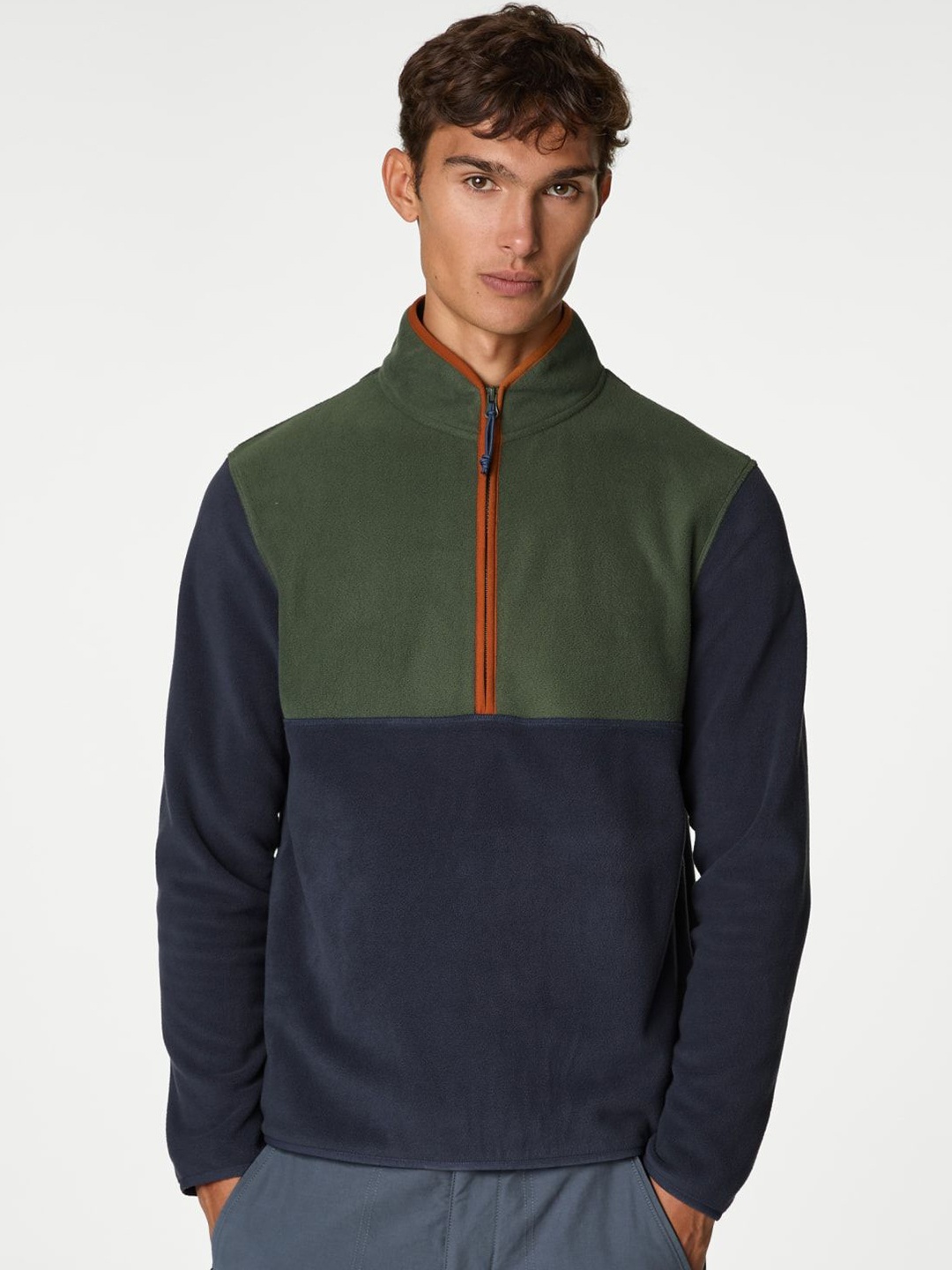 

Marks & Spencer Men Colourblocked Crop Bomber Jacket, Green