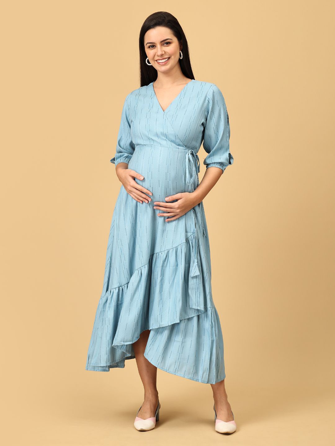 

The Mom Store Women Cotton Puff Sleeve Maternity Maxi Dress, Blue