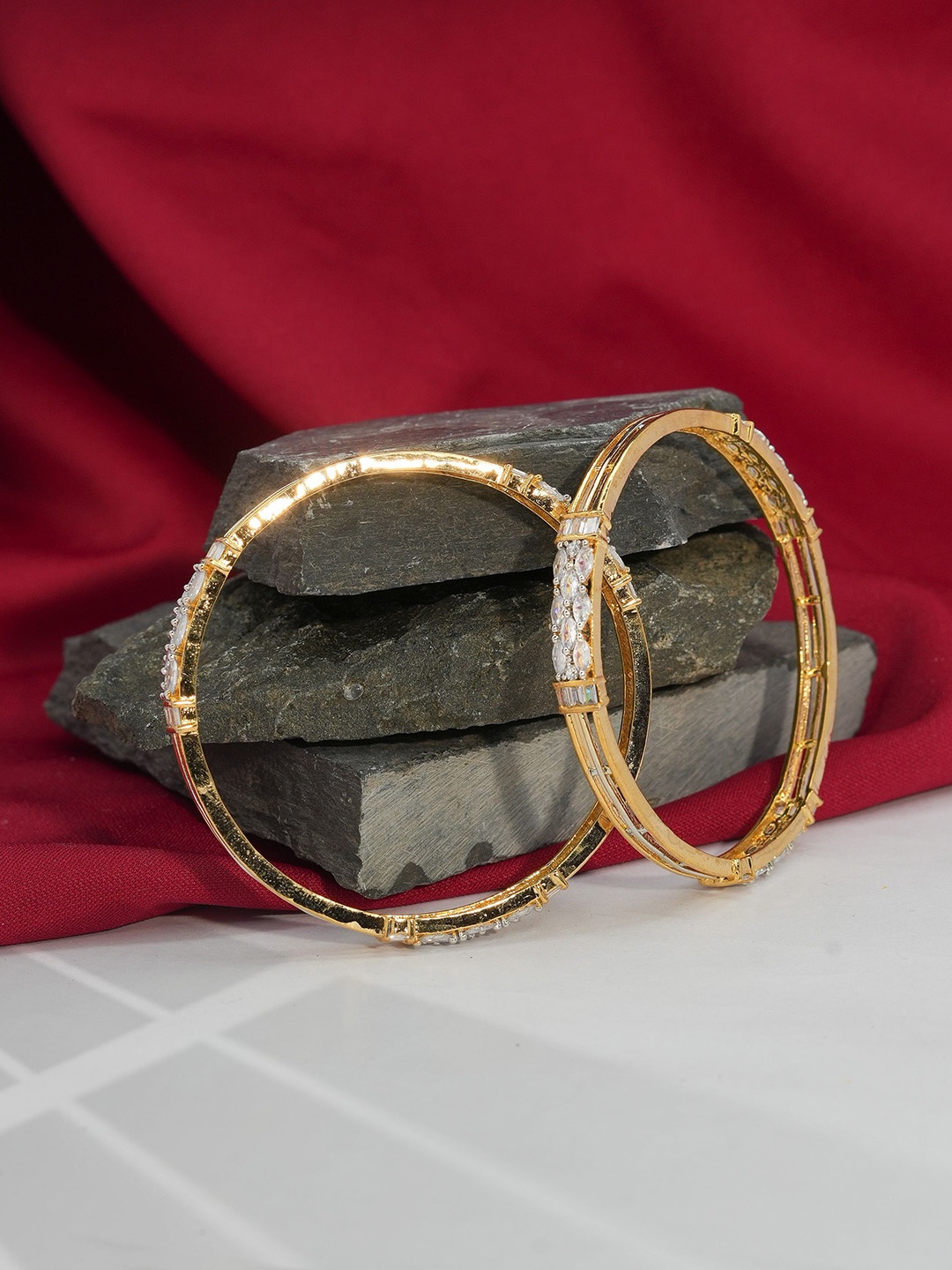 

Zevarly Set Of 2 Gold-Plated American Diamond-Stone Studded Bangles