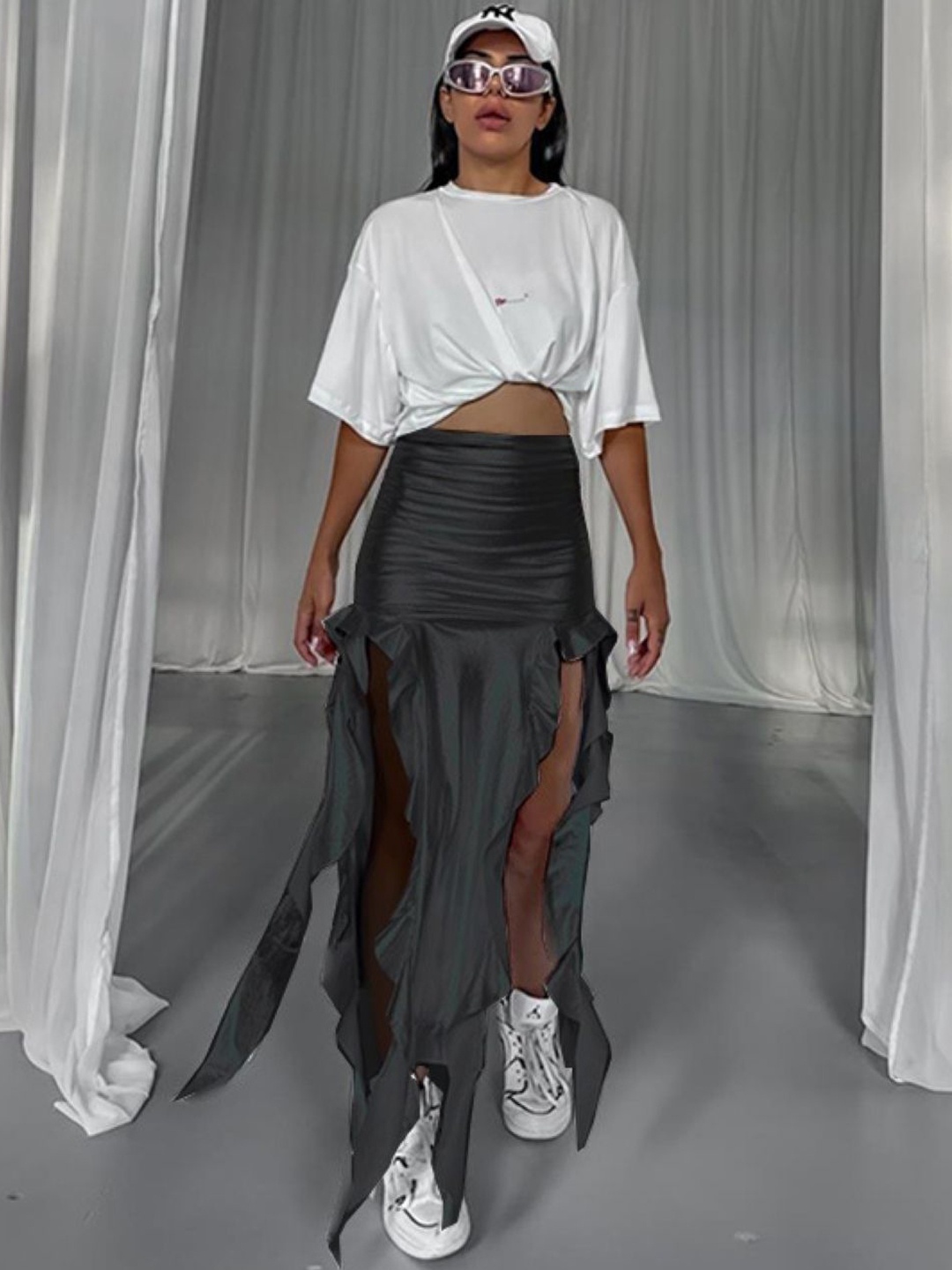 

KPOP Women Straight Asymmetric Maxi Skirt, Black