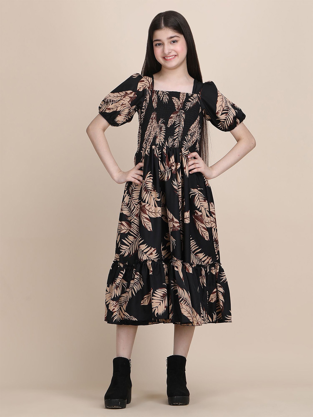 

DEKLOOK Girls Puff Sleeve Fit & Flare Dress, Black