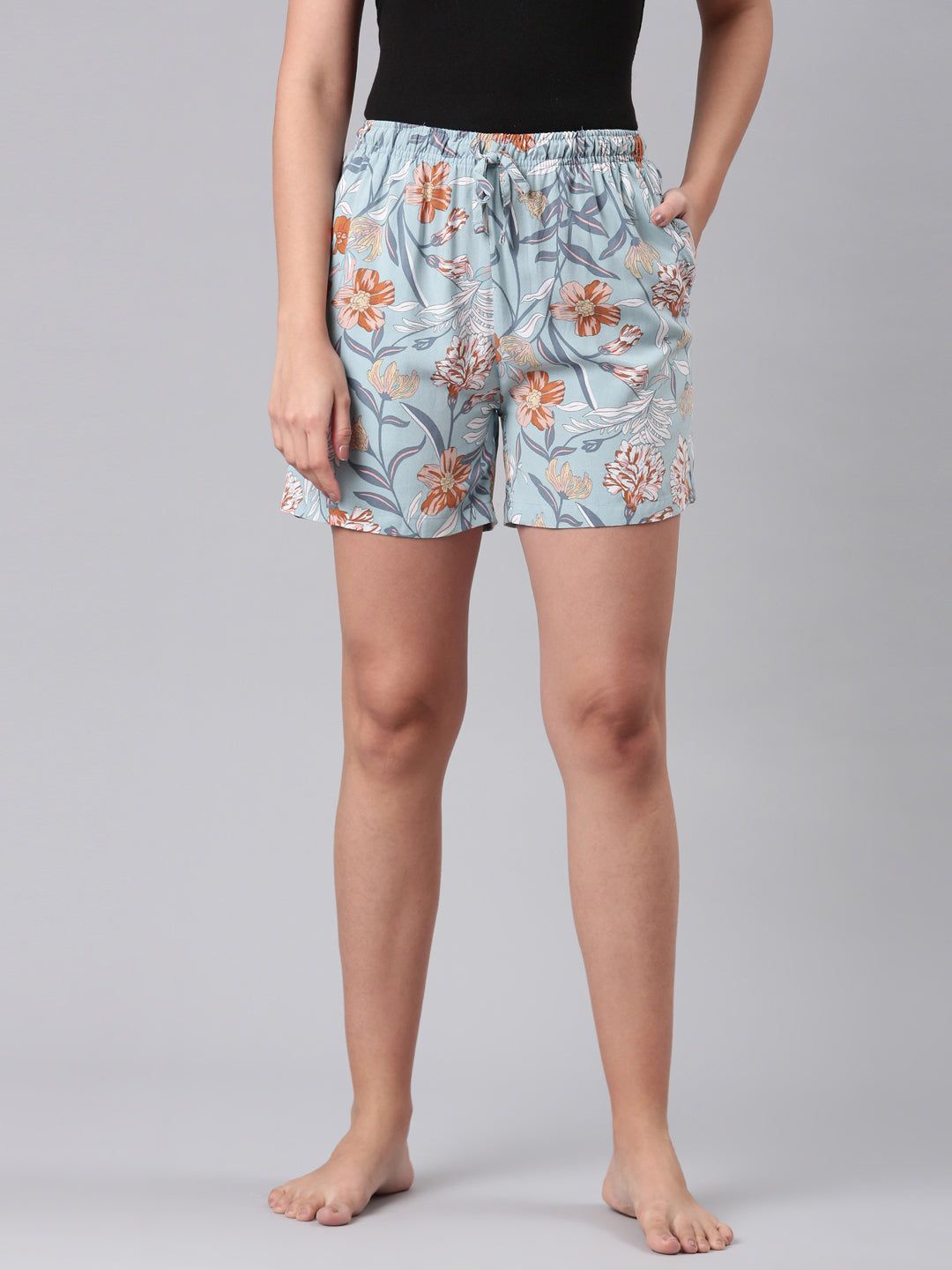 

Go Colors Women Floral Printed Mid-Rise Lounge Shorts, Blue