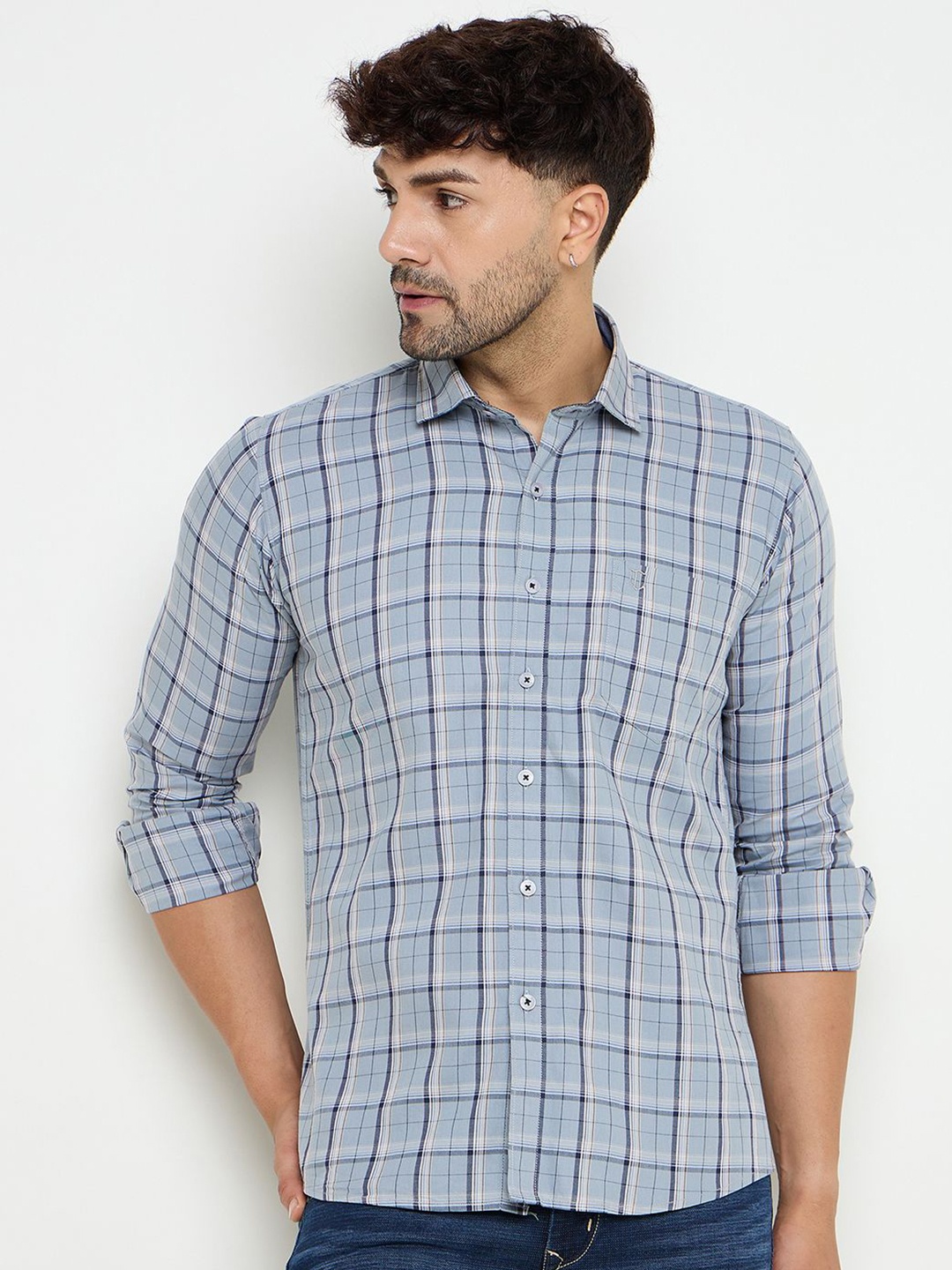 

Duke Men Slim Fit Opaque Checked Casual Shirt, Grey