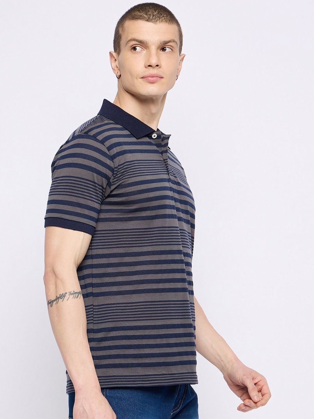 

GET GOLF Men Striped Polo Collar Cotton T-shirt, Navy blue