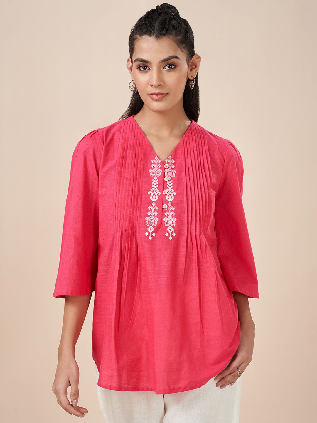 

AKKRITI BY PANTALOONS Women Embroidered Pleated Cotton Tunic, Pink