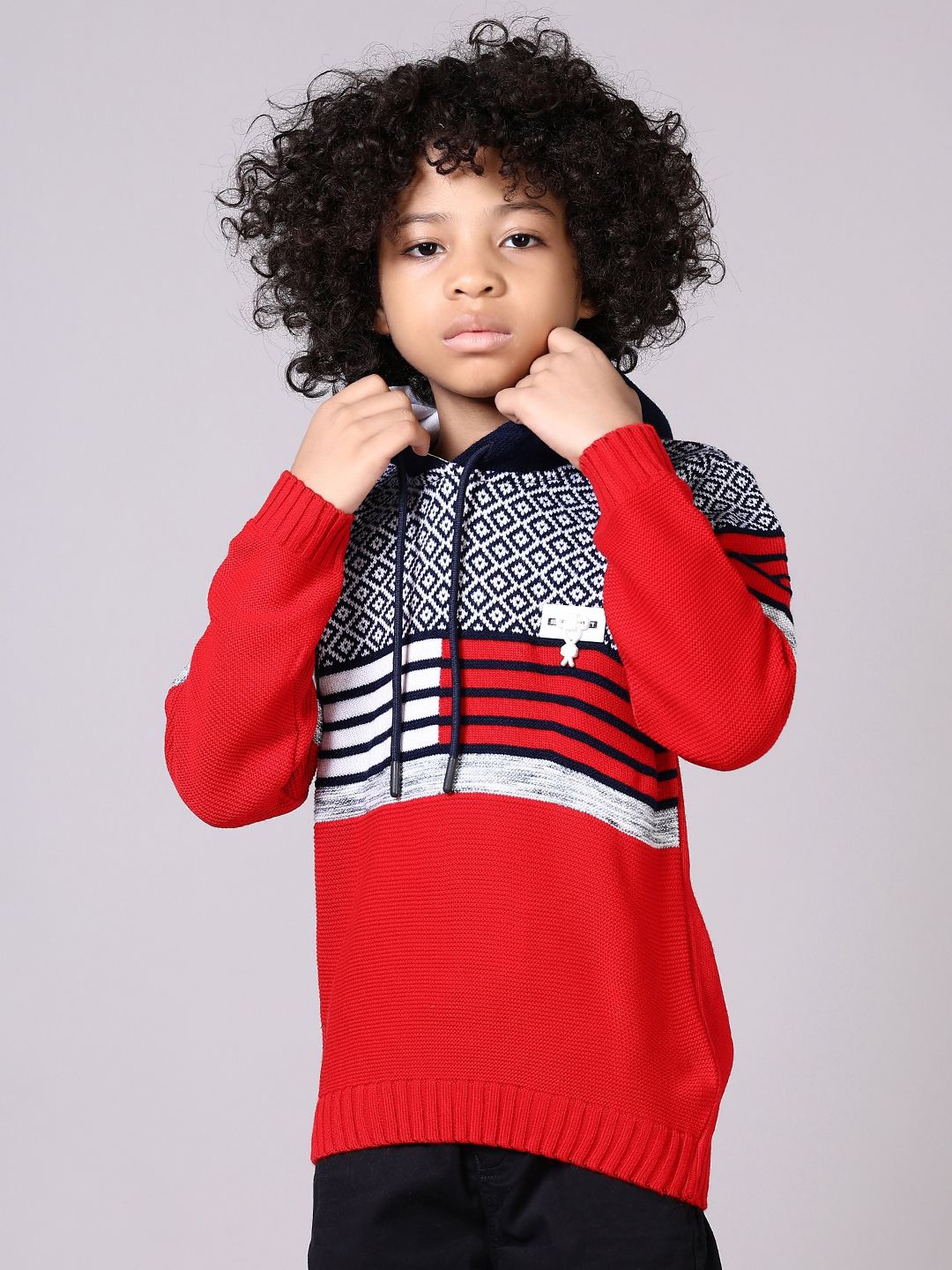

V-Mart Boys Self Design Hooded Pullover Sweater, Red