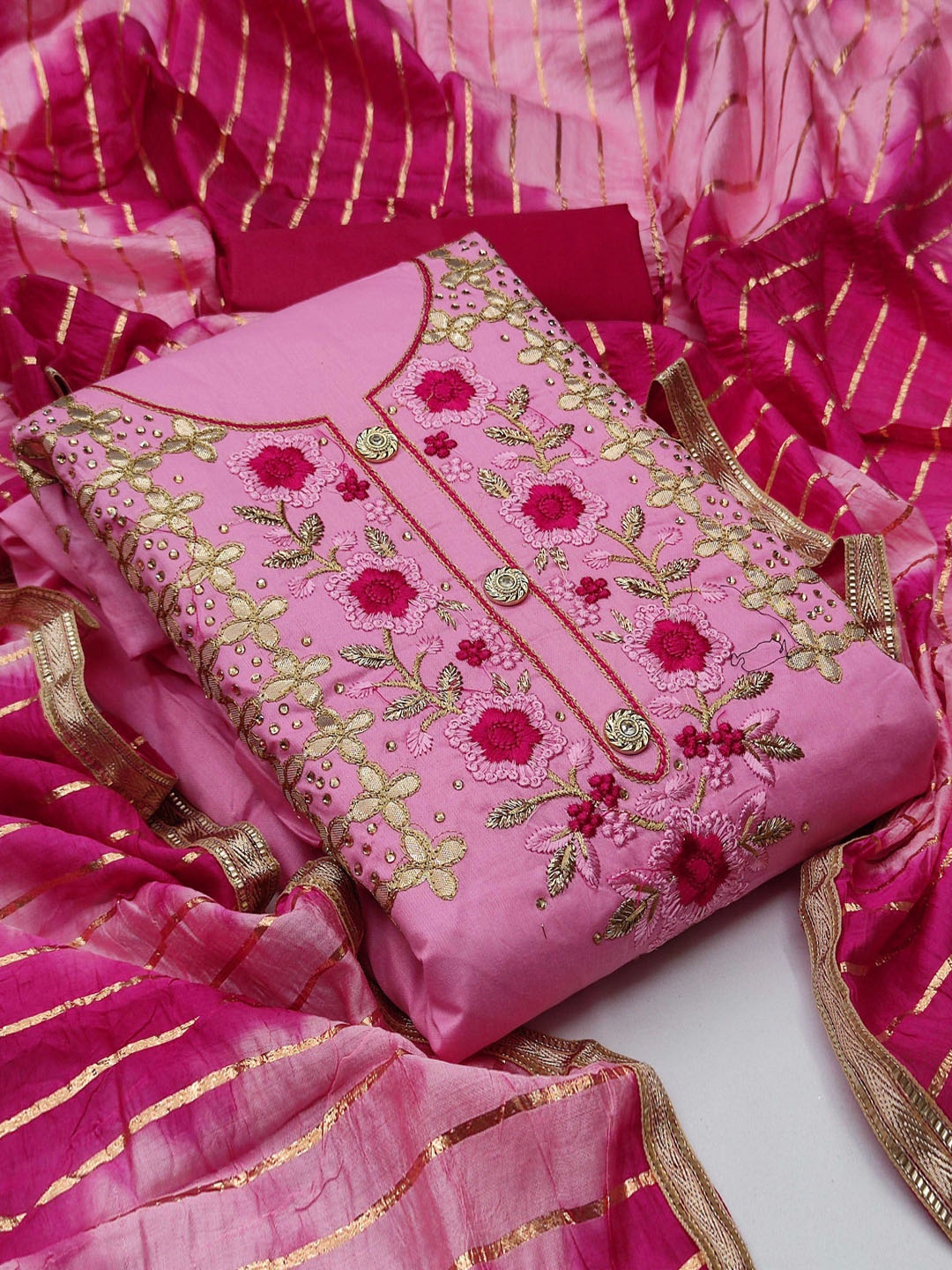 

Maroosh Floral Embroidered Unstitched Dress Material, Pink