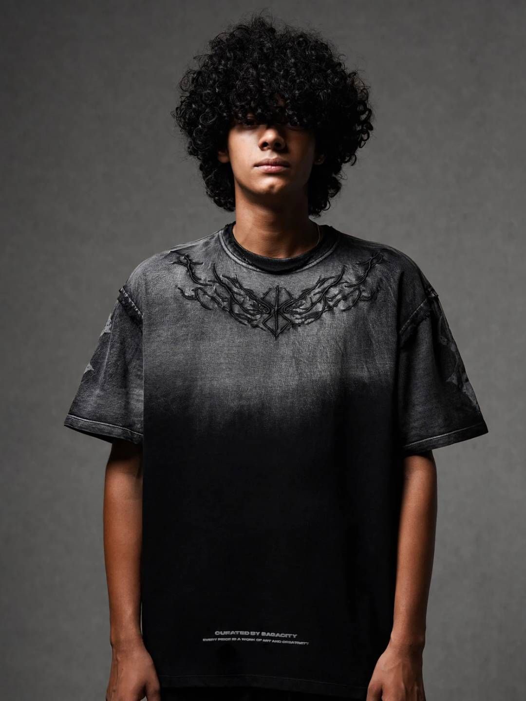 

SagaCity Men Biker Dyed Mandarin Collar Extended Sleeves Tropical Raw Edge T-shirt, Black