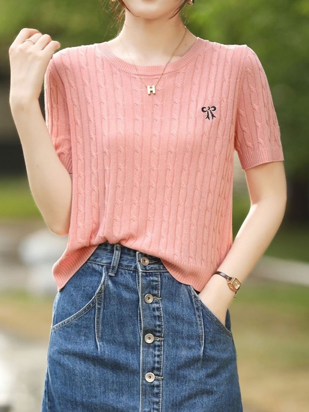 

KPOP Women Round Neck Short Sleeves Pullover Sweater, Pink