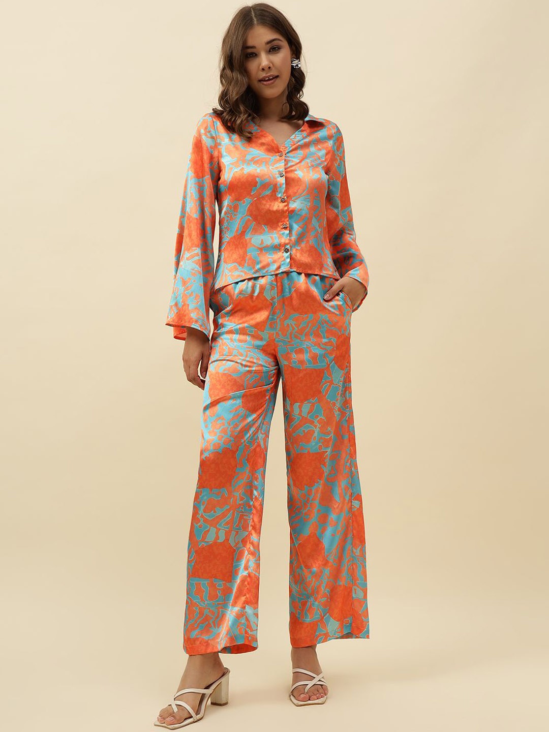 

Beatnik Abstract Printed Flared Sleeves Shirt With Trouser, Orange