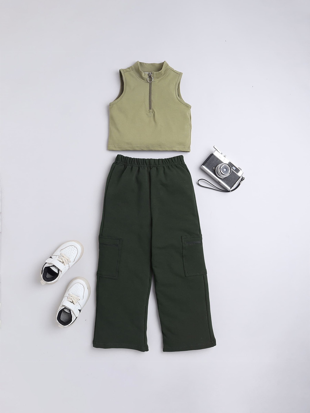 

taffykids Girls Round Neck Sleeveless Crop Top With Trousers, Olive
