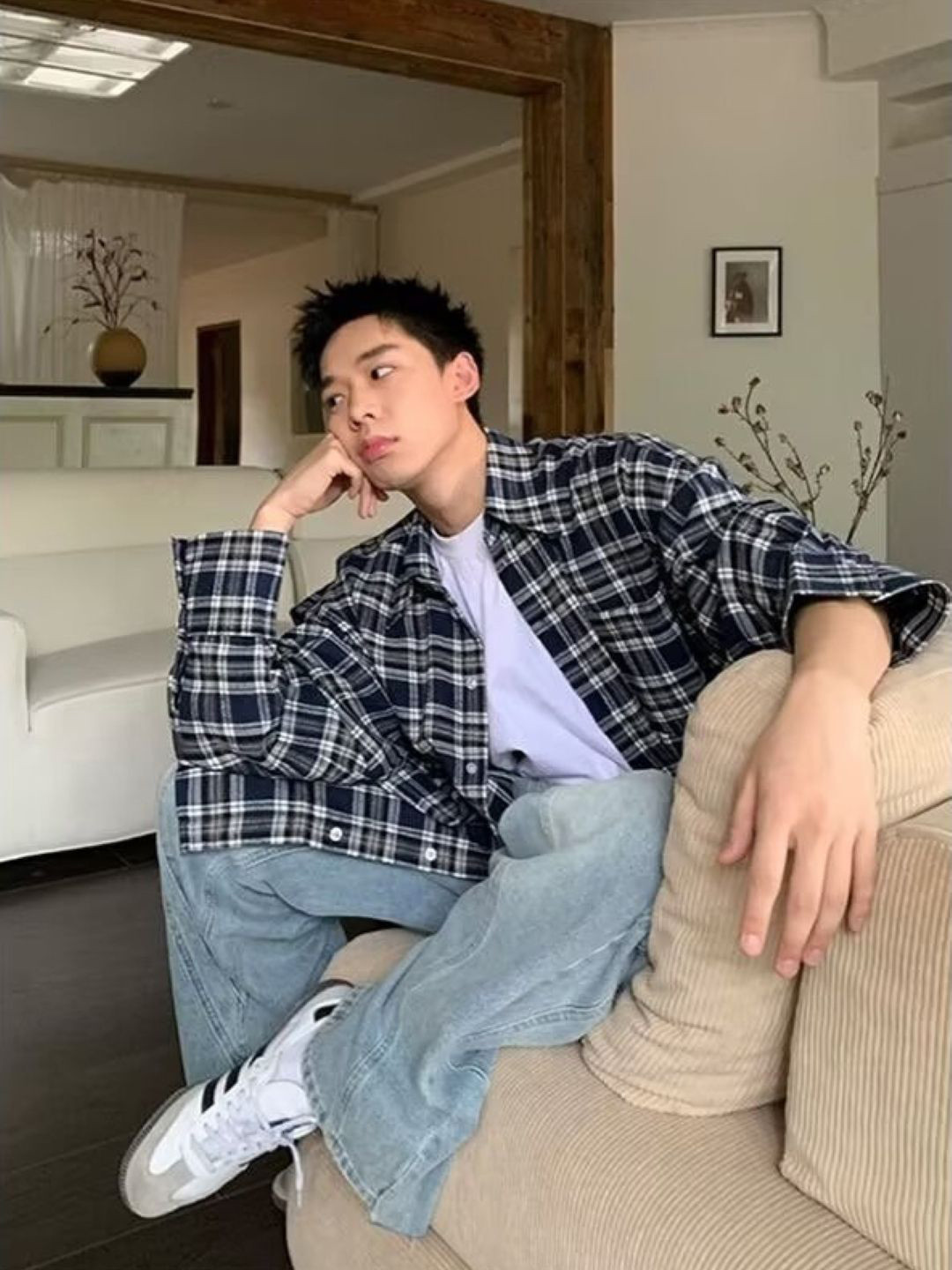 

KPOP Men Comfort Tartan Checks Opaque Checked Casual Shirt, Black