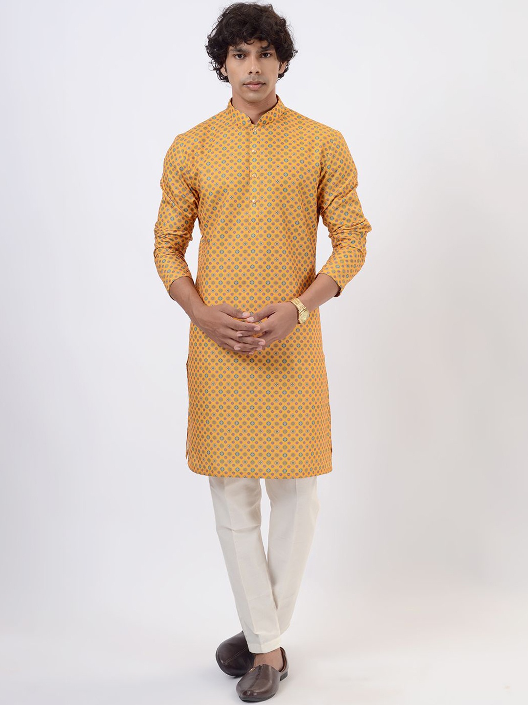 

THE KURTA COMPANY Ethnic Motifs Printed Mandarin Collar Straight Kurta, Mustard