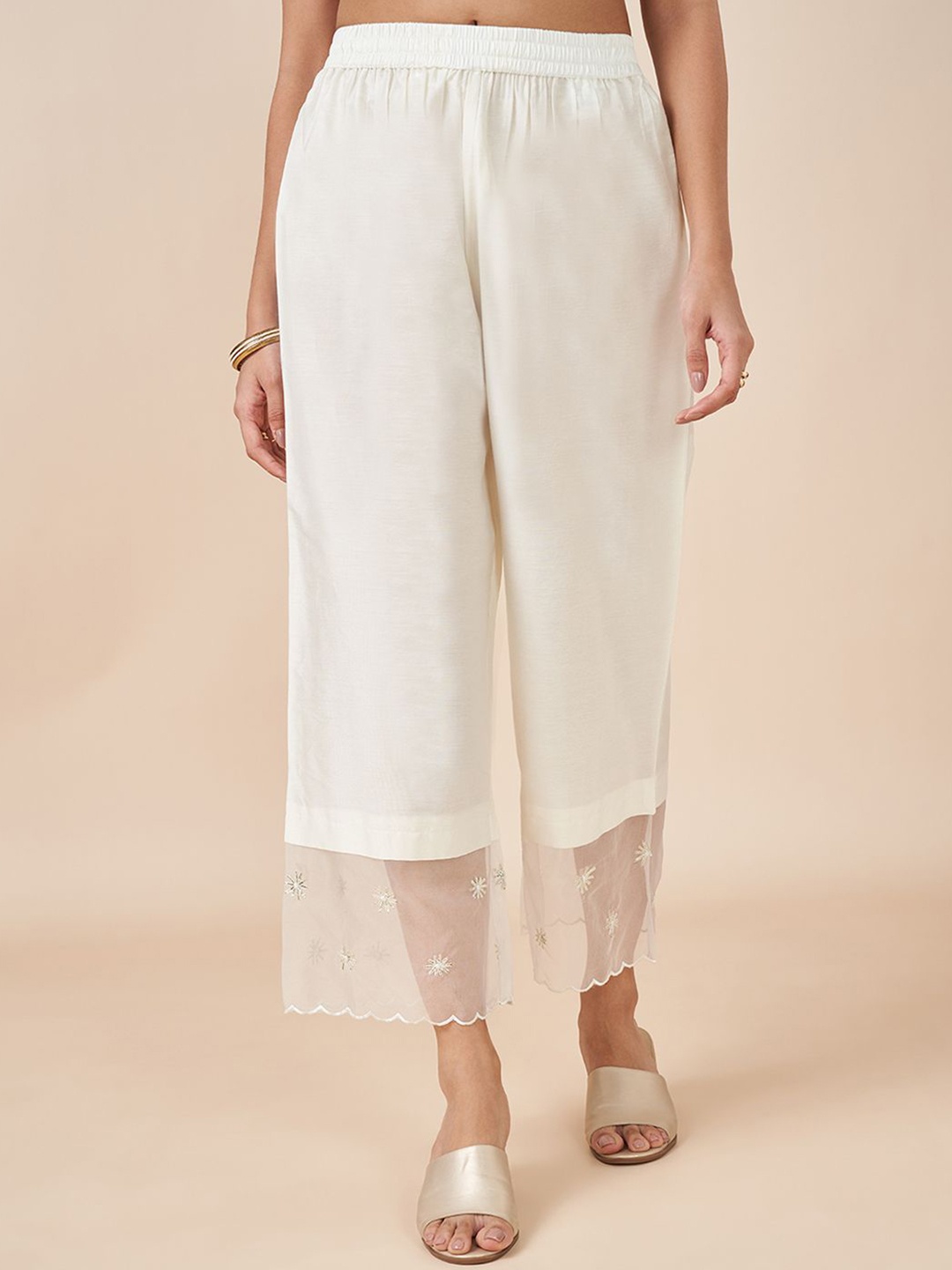 

RANGMANCH BY PANTALOONS Women Straight Fit Trousers, White