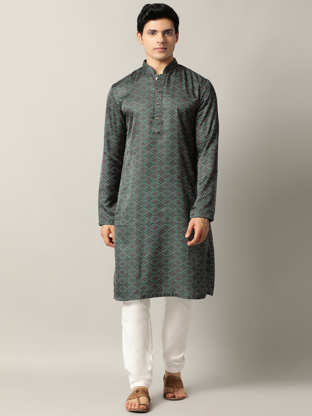 

THE KURTA COMPANY Bandhani Printed Mandarin Collar Long Sleeves Straight Kurta, Green