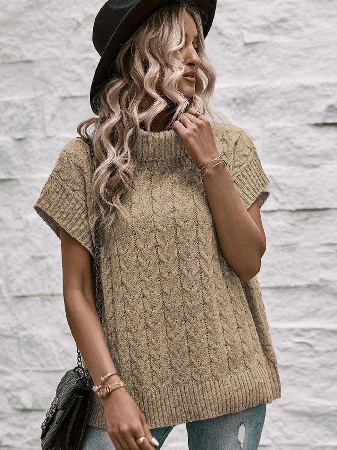 

HERE&NOW Women Self Design Short Sleeves Turtle Neck Cable Knit Pullover, Beige