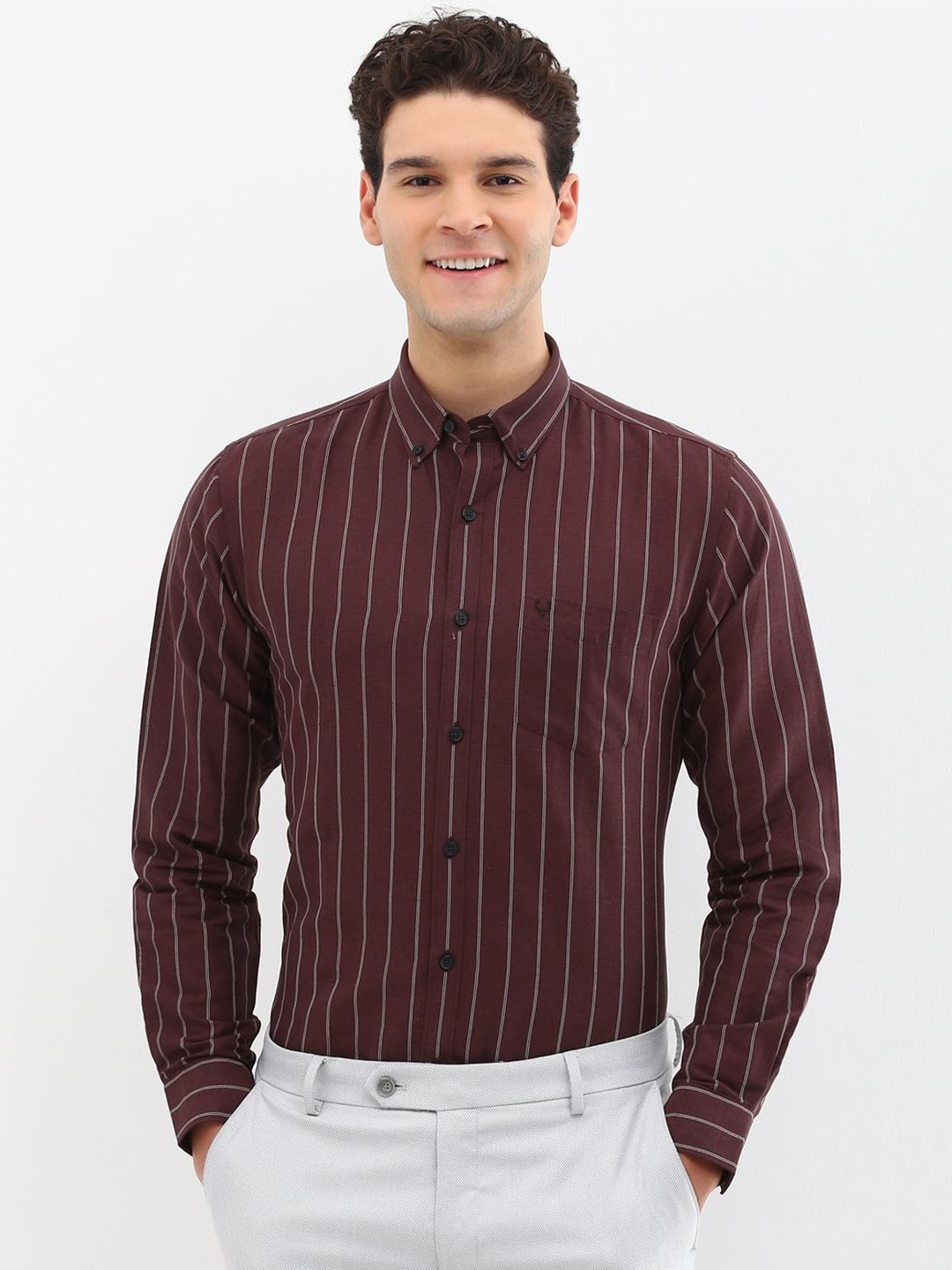 

Allen Solly Men Slim Fit Opaque Striped Formal Shirt, Maroon