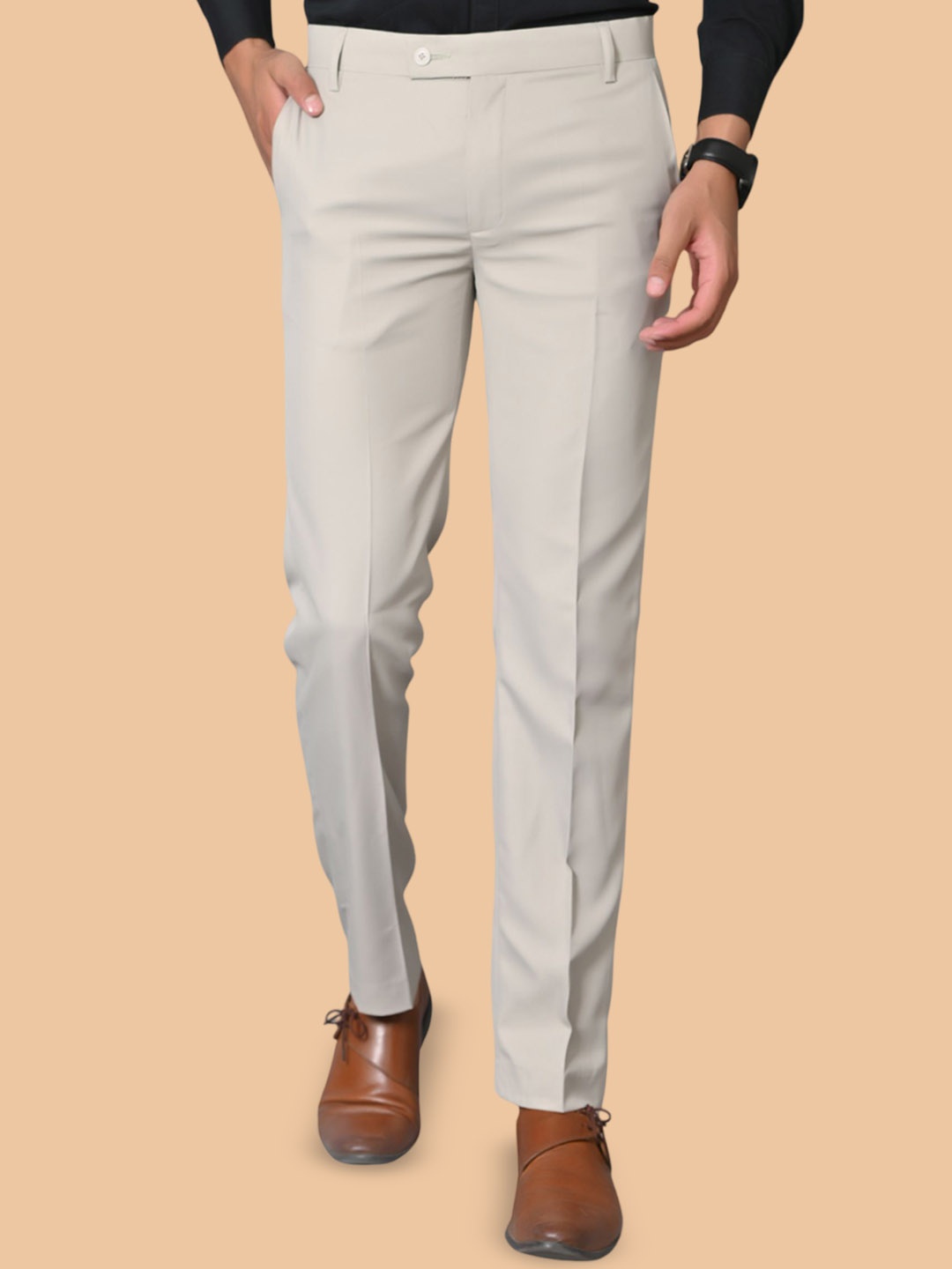 

el cielo Men Tailored Easy Wash Mid-Rise Pleated Formal Trousers, Cream