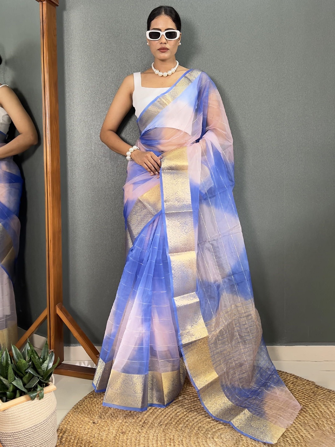 

V3 FASHION STUDIO Woven Design Leheriya Saree, Blue