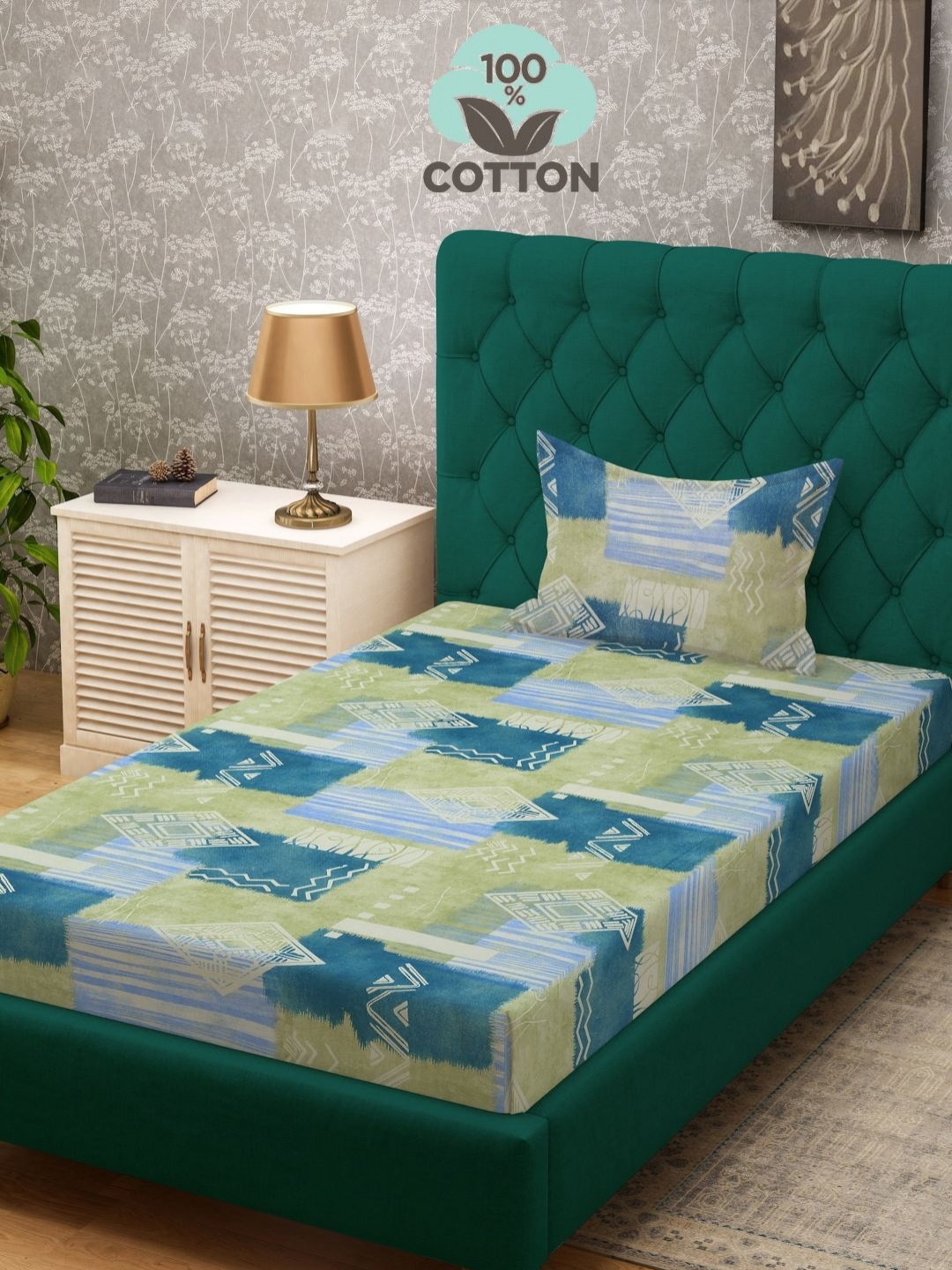 

Aura Green & Blue Geometric 400 TC Pure Cotton Single Bedsheet Set 2.25 m x 1.50 m